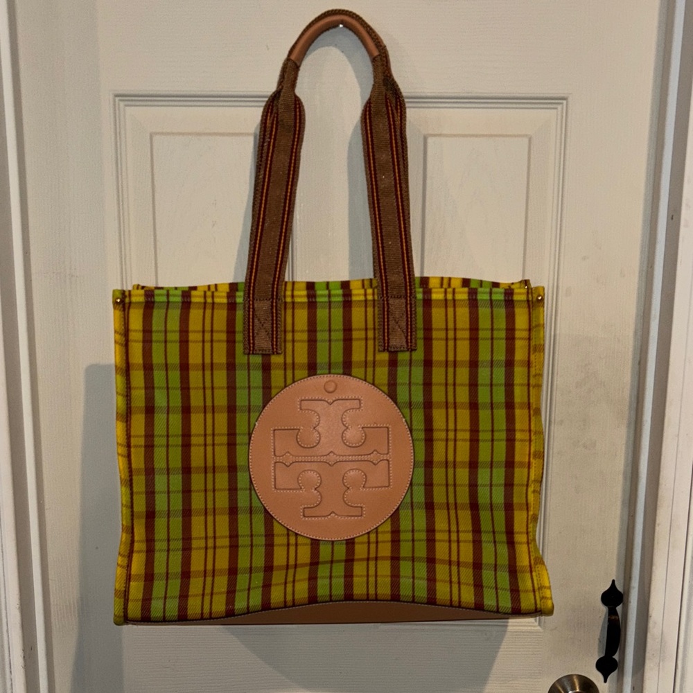 Tory Burch Yellow and Brown Plaid Tote
